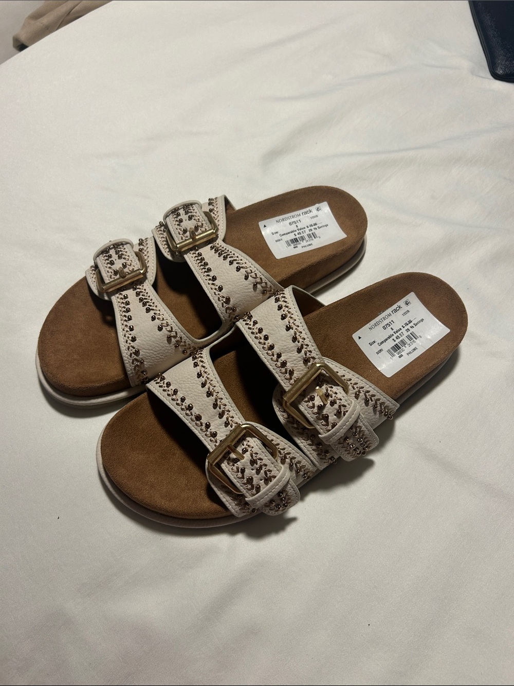 Women's White Embellished Double-Buckle Slide Sandals